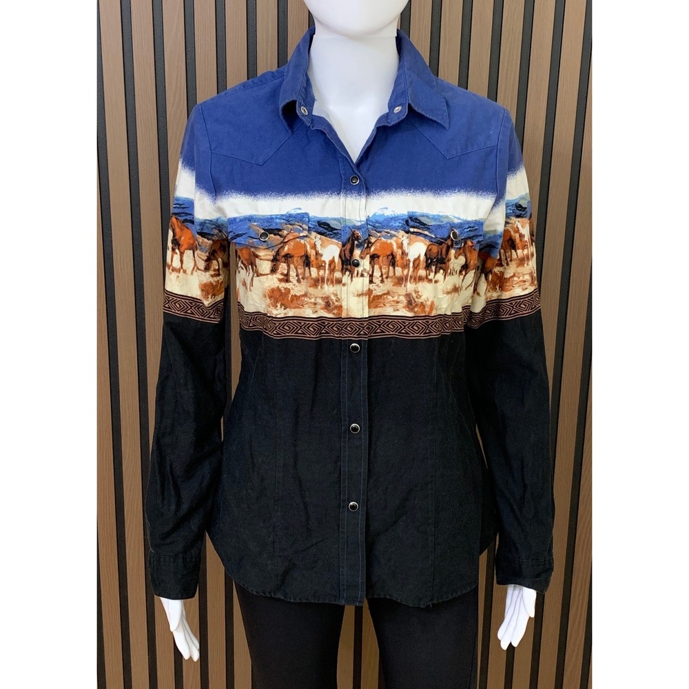 Roper Women's Horse Print Western Snap Button Shirt Blue Black Small Cotton